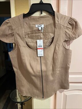 DKNY Beige Zip-Front corset Sleeve Blouse